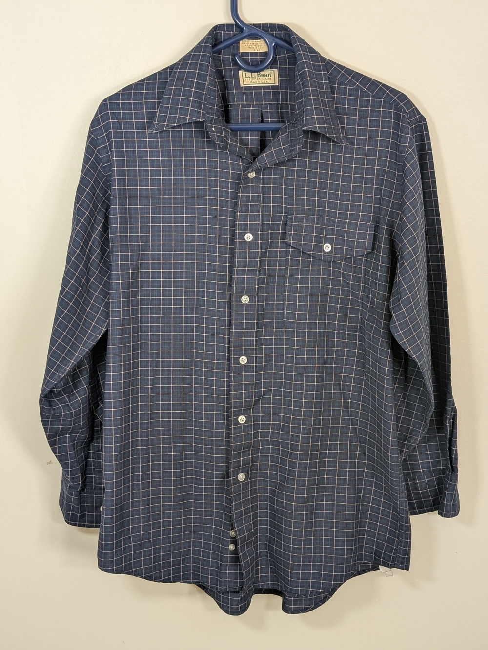 L.L. Bean Men's Navy Blue Windowpane Button-Down Shirt with Light Grid